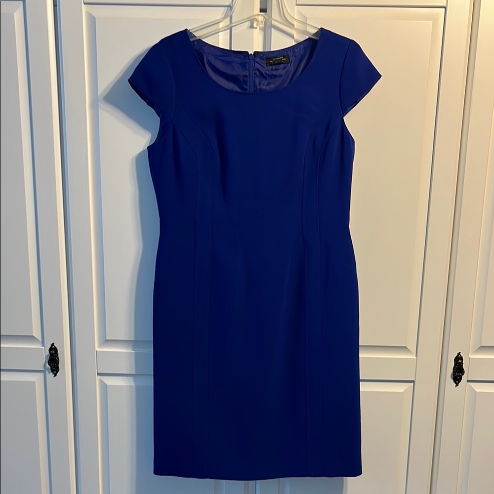 Tahari Blue Sheath Dress with Flutter Sleeves
